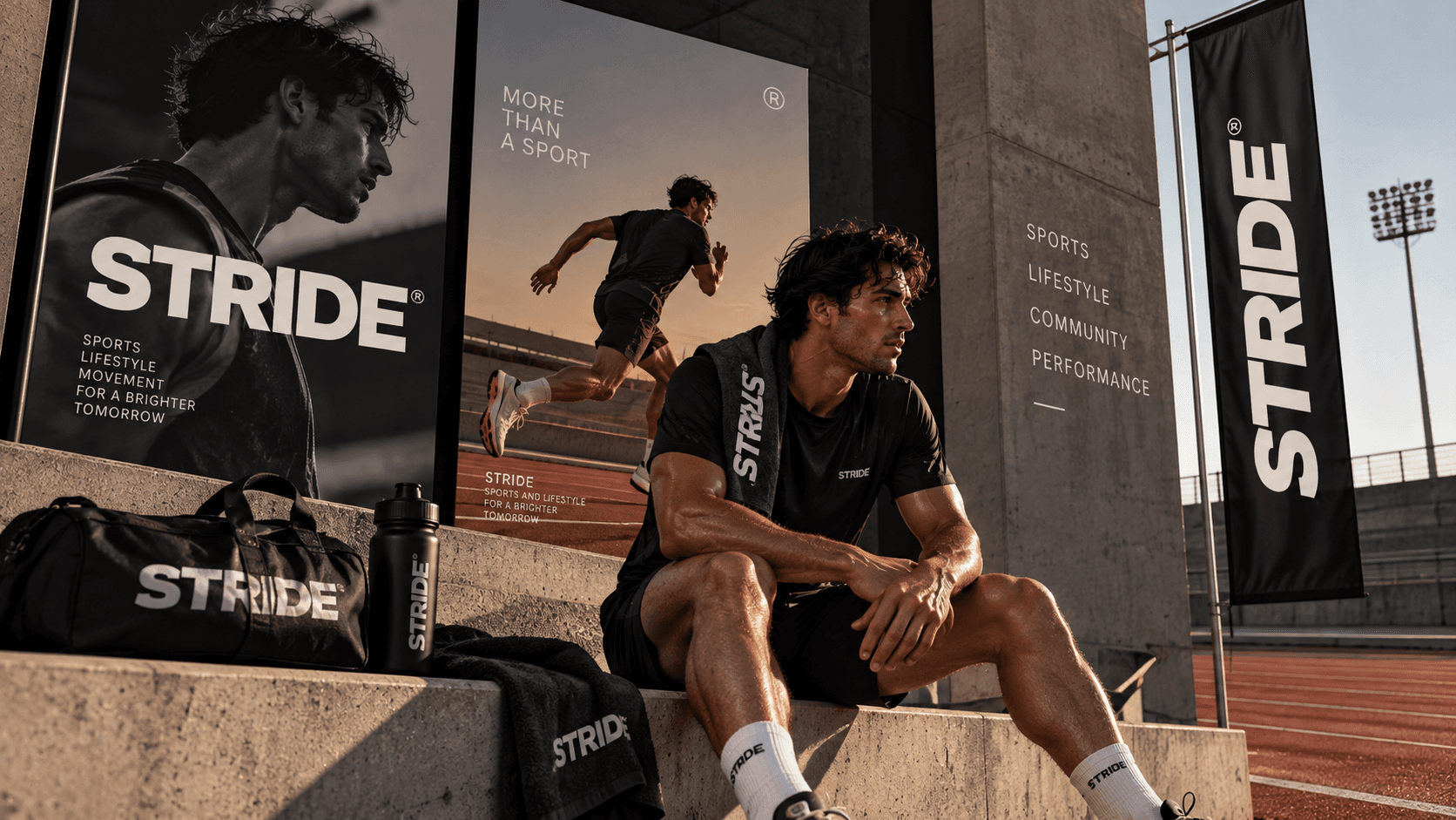 Athlete in STRIDE kit resting on stadium steps in front of campaign posters